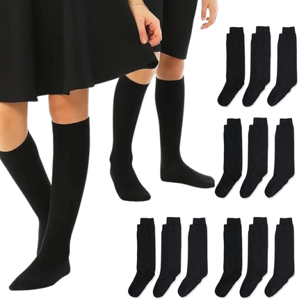 12x Pairs School Uniform Knee High Socks Cotton Rich Girls Boys Kids Bulk - Black - 6-11 (12+ Years Old).