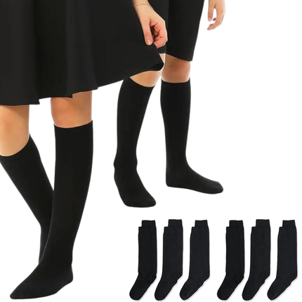 6x Pairs School Uniform Knee High Socks Cotton Rich Girls Boys Kids Bulk - Black - 6-11 (12+ Years Old).