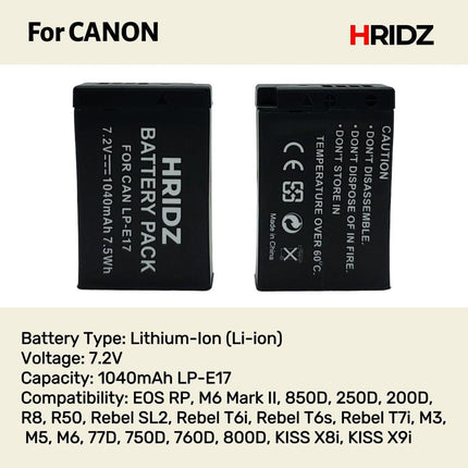 Hridz LP-E17 Batteries & Dual Charger For Canon EOS M6 200D 200D 77D 750D 760D 8000D.