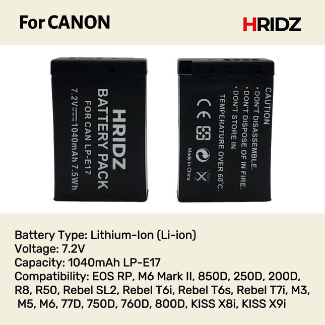 Hridz LP-E17 Batteries & Dual Charger For Canon EOS M6 200D 200D 77D 750D 760D 8000D.