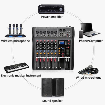 Hridz 6 Channels Bluetooth Mixer DJ Live Studio Audio Mixer USB Console Amplifier AUX.