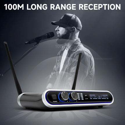 Hridz Wireless UHF Microphone Kit Dual Handheld Mics with 100m Range Receiver for Karaoke Meetings Parties.
