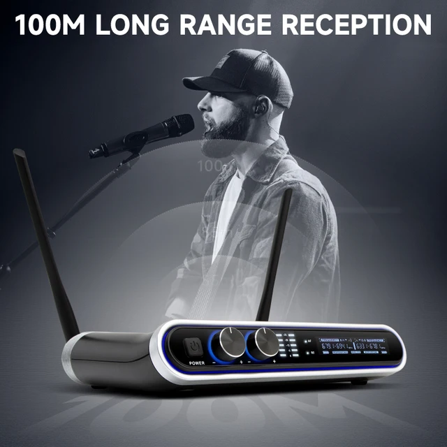 Hridz Wireless UHF Microphone Kit Dual Handheld Mics with 100m Range Receiver for Karaoke Meetings Parties.