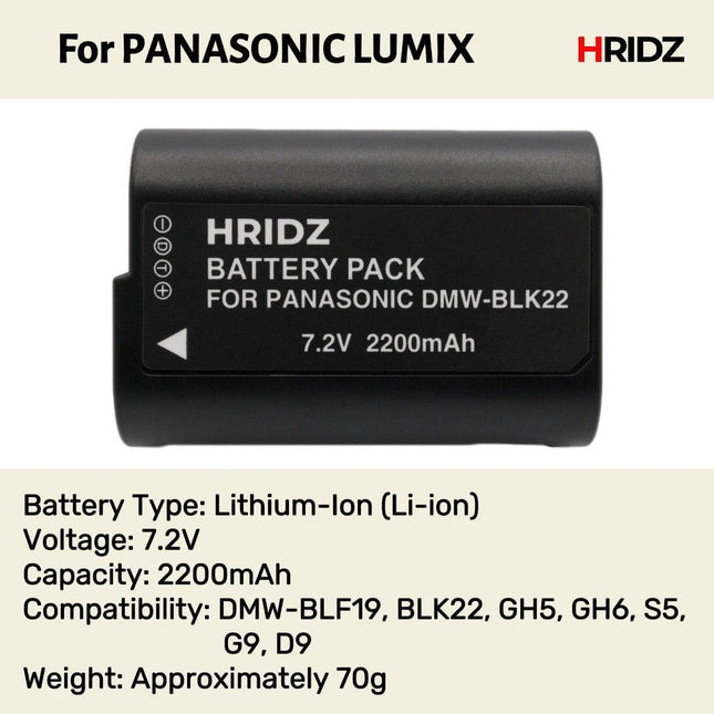 Hridz BLK22 2pcs Battery for Panasonic DMW-BLK22 LUMIX DSLR - 2-batteries only.