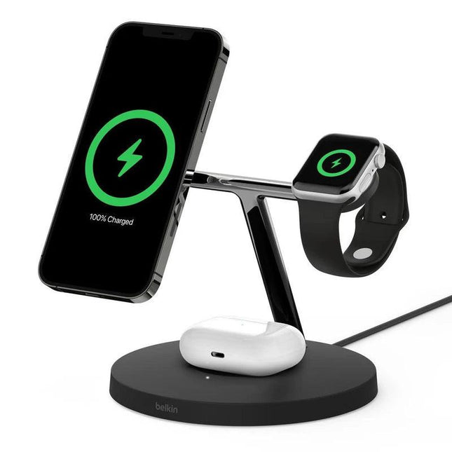 Belkin BoostCharge PRO 3-in-1 Qi2 15W Wireless Charger Stand MagSafe 2024 Model - Black.