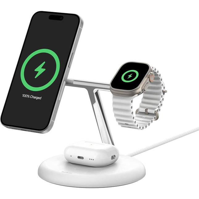 Belkin BoostCharge PRO 3-in-1 Qi2 15W Wireless Charger Stand MagSafe 2024 Model - White.