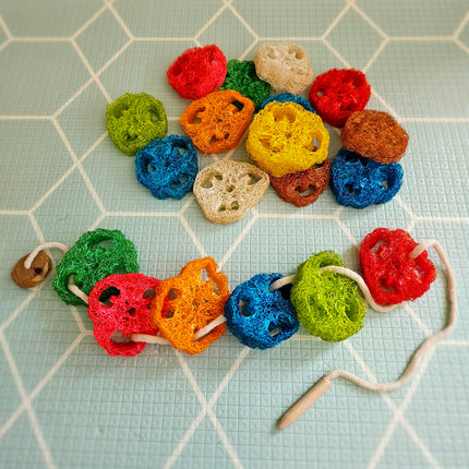 Rainbow loofah lacing toys.