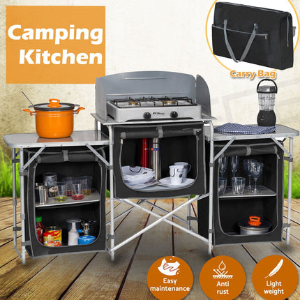 Deluxe Aluminium Foldable Camping Kitchen Picnic Cupboard Bench Table Windshield.