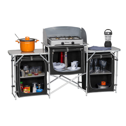 Deluxe Aluminium Foldable Camping Kitchen Picnic Cupboard Bench Table Windshield.