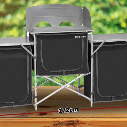 Deluxe Aluminium Foldable Camping Kitchen Picnic Cupboard Bench Table Windshield.