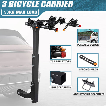 3 Bike Rack Bicycle Car Rear Carrier 2" Steel Foldable Steel Hitch Mount Towbar.
