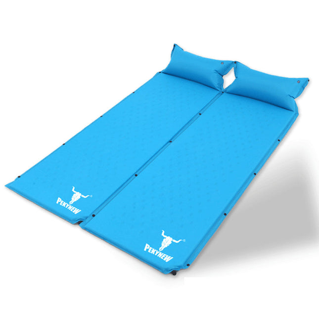 Double Air Bed Self Inflating Mattress Sleeping Mat Camping Camp Hiking Joinable - blue.