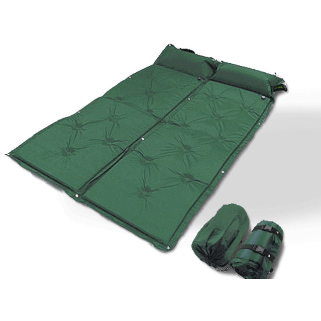 Double Self Inflating Mattress Camping Hiking Airbed Camp Mat Sleeping Pillow w/ Bag - green.