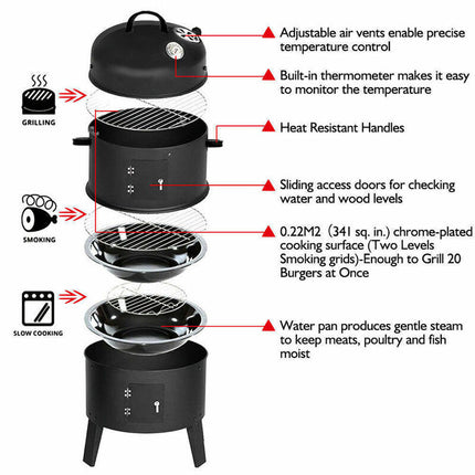 NEW 3in1 Portable Charcoal Vertical Smoker BBQ Roaster Grill Steel Water Steamer.