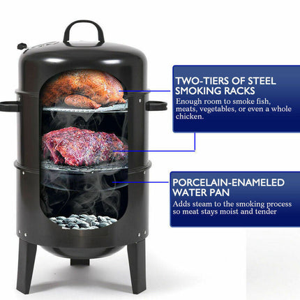 NEW 3in1 Portable Charcoal Vertical Smoker BBQ Roaster Grill Steel Water Steamer.