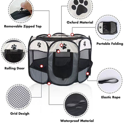 8 Panel Pet Dog Cat Crate Play Pen Bags Kennel Portable Tent Playpen Puppy Cage Large Grey.
