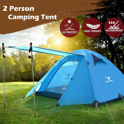 2 Person Portable Outdoor Lightweight Cycling Hiking Backpacking Camping Waterproof Tent - Blue.
