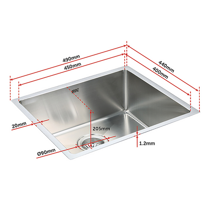 490x440mm Handmade Stainless Steel Undermount / Topmount Kitchen Laundry Sink with Waste.