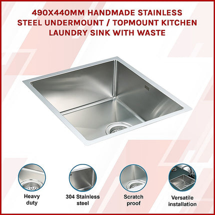 490x440mm Handmade Stainless Steel Undermount / Topmount Kitchen Laundry Sink with Waste.