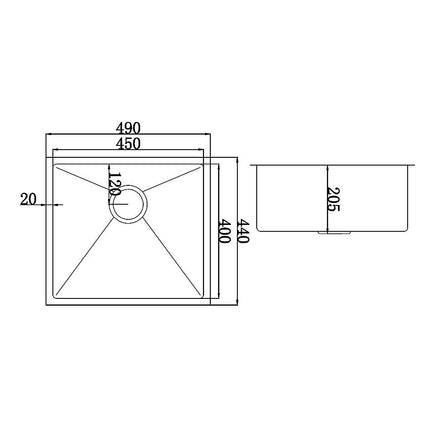 490x440mm Handmade Stainless Steel Undermount / Topmount Kitchen Laundry Sink with Waste.