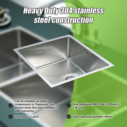 490x440mm Handmade Stainless Steel Undermount / Topmount Kitchen Laundry Sink with Waste.