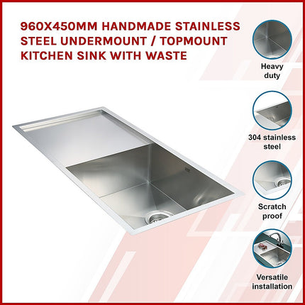 960x450mm Handmade Stainless Steel Undermount / Topmount Kitchen Sink with Waste.