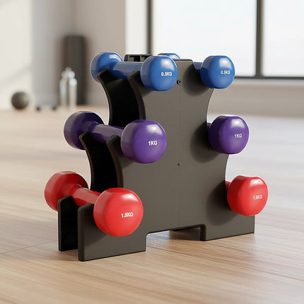 6-Piece Dumbbell Set with Storage Rack for Home Gym Training.