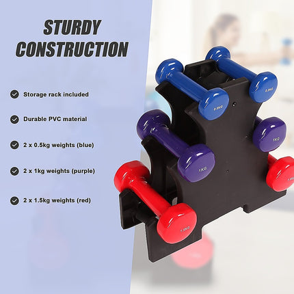 6-Piece Dumbbell Set with Storage Rack for Home Gym Training.