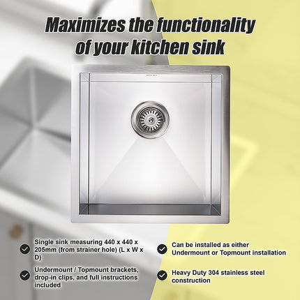 440x440mm Handmade Stainless Steel Undermount / Topmount Kitchen Laundry Sink with Waste.