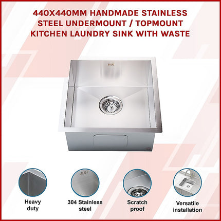 440x440mm Handmade Stainless Steel Undermount / Topmount Kitchen Laundry Sink with Waste.