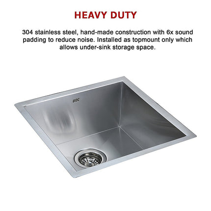 440x440mm Handmade Stainless Steel Undermount / Topmount Kitchen Laundry Sink with Waste.