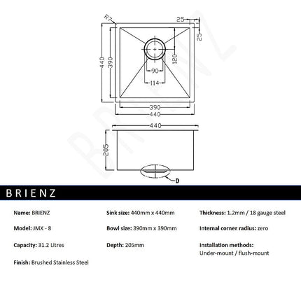 440x440mm Handmade Stainless Steel Undermount / Topmount Kitchen Laundry Sink with Waste.