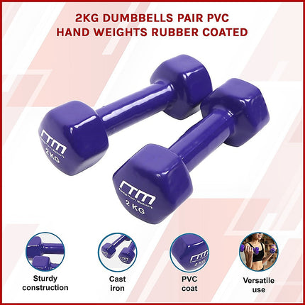 2kg Dumbbells Pair PVC Hand Weights Rubber Coated.