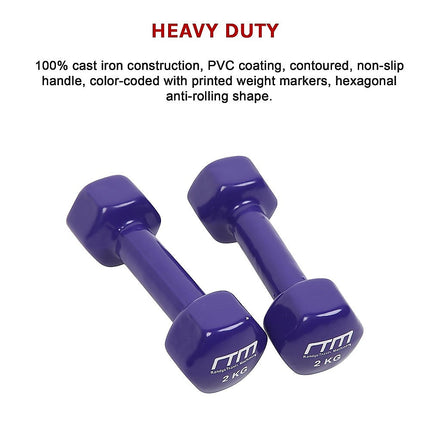 2kg Dumbbells Pair PVC Hand Weights Rubber Coated.