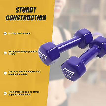 2kg Dumbbells Pair PVC Hand Weights Rubber Coated.