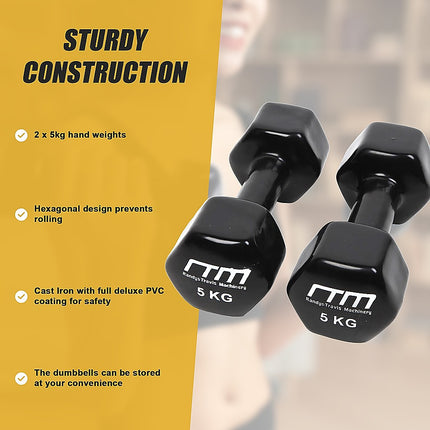 5kg Dumbbells Pair PVC Hand Weights Rubber Coated.