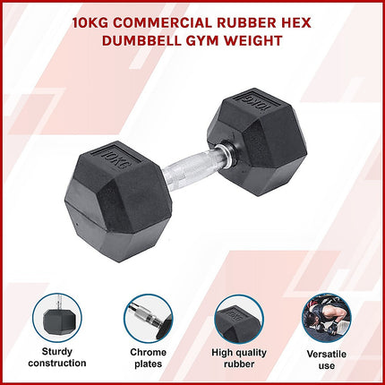 10KG Commercial Rubber Hex Dumbbell Gym Weight.