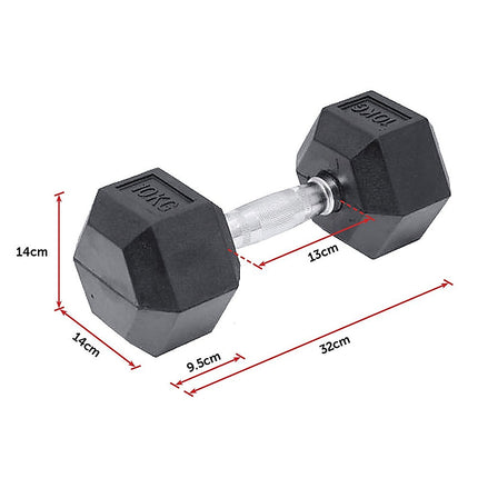 10KG Commercial Rubber Hex Dumbbell Gym Weight.