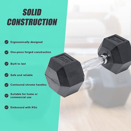 10KG Commercial Rubber Hex Dumbbell Gym Weight.