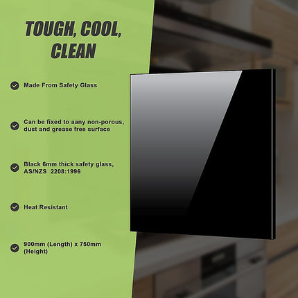Toughened 90cm x 75cm Black Glass Kitchen Splashback.
