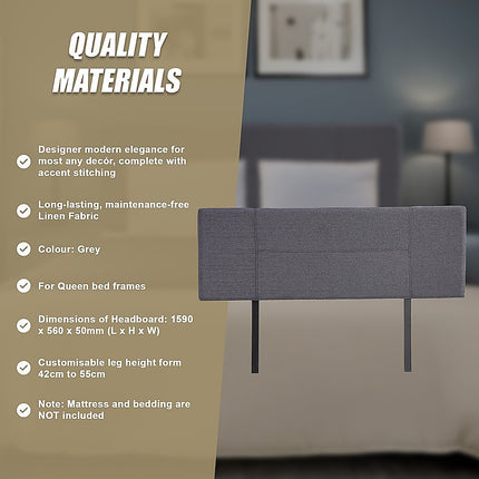 Linen Fabric Queen Bed Headboard Bedhead - Grey.