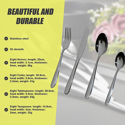 32 Piece Stainless Steel Cutlery Set Knives Fork Spoon Teaspoon.