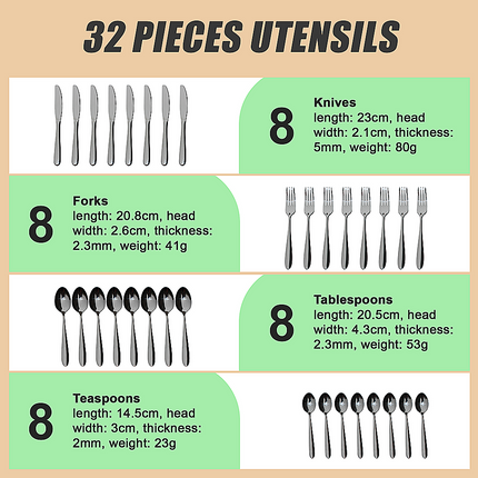32 Piece Stainless Steel Cutlery Set Knives Fork Spoon Teaspoon.