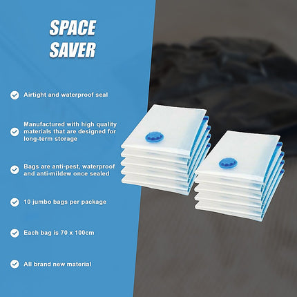 10X Jumbo Vacuum Storage Bags – Space Saver Seal Bags for Clothes, Bedding, Blankets & Travel Organisation.