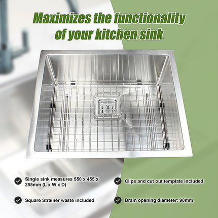 550x455mm Handmade 1.5mm Stainless Steel Undermount / Topmount Kitchen Sink with Square Waste.