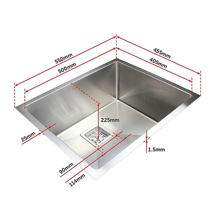 550x455mm Handmade 1.5mm Stainless Steel Undermount / Topmount Kitchen Sink with Square Waste.