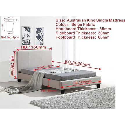 King Single Linen Fabric Bed Frame Beige.