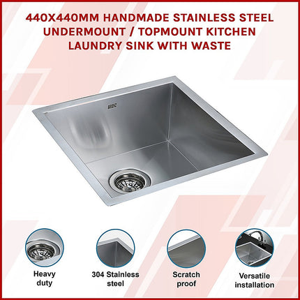 440x440mm Handmade Stainless Steel Undermount / Topmount Kitchen Laundry Sink with Waste.