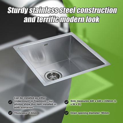 440x440mm Handmade Stainless Steel Undermount / Topmount Kitchen Laundry Sink with Waste.