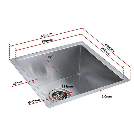 440x440mm Handmade Stainless Steel Undermount / Topmount Kitchen Laundry Sink with Waste.